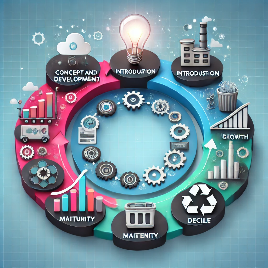 Circular flowchart illustrating the stages of Product Lifecycle Management (PLM), including Concept and Development, Introduction, Growth, Maturity, and Decline. Each stage is represented by distinct icons such as a light bulb, factory, bar chart, tools, and a recycling bin. The design is clean and modern, symbolizing innovation and efficiency.