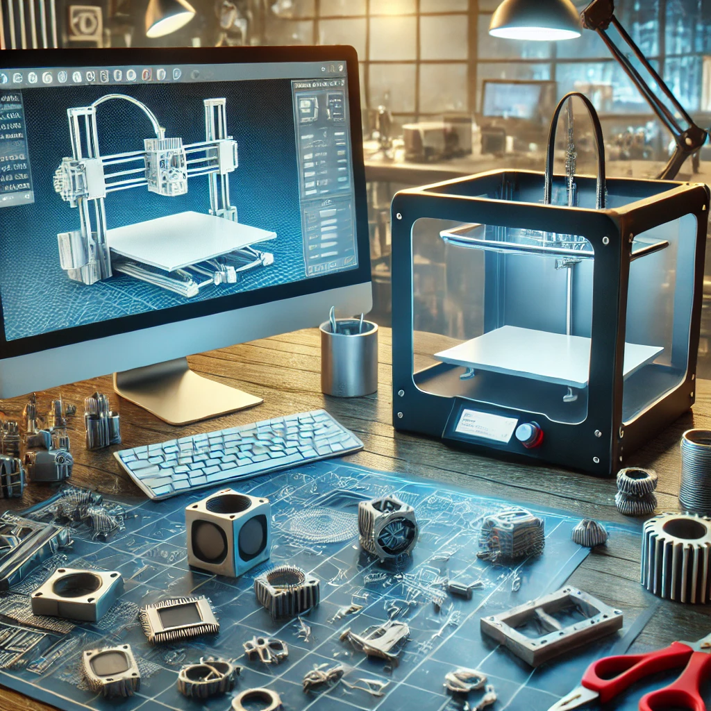 A modern workspace showcasing product prototyping tools, including a 3D printer, CAD software on a computer screen, and various prototype models. The environment reflects innovation, creativity, and precision in product development.