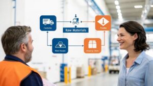 Supply chain management workflow from raw materials to customer delivery