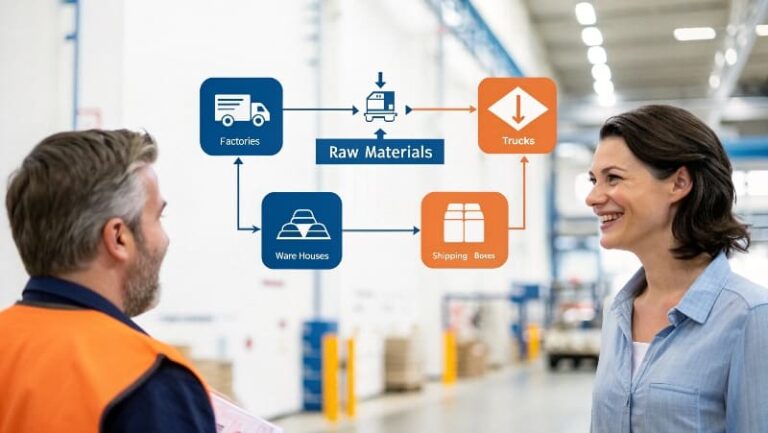 Supply chain management workflow from raw materials to customer delivery