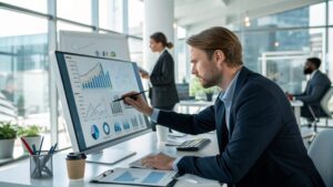 Business professional reviewing financial data on charts to implement strategic cost reduction programs, optimizing processes and resources for sustainable growth.