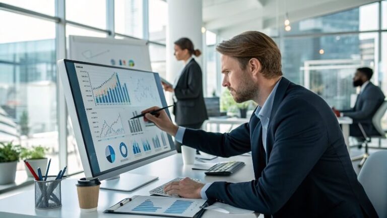 Business professional reviewing financial data on charts to implement strategic cost reduction programs, optimizing processes and resources for sustainable growth.