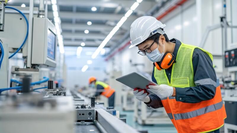A quality control inspector performs checks on a production line in a modern Chinese factory.