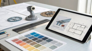 Product design and manufacturing process showing a 3D model on a tablet with material swatches and blueprints.