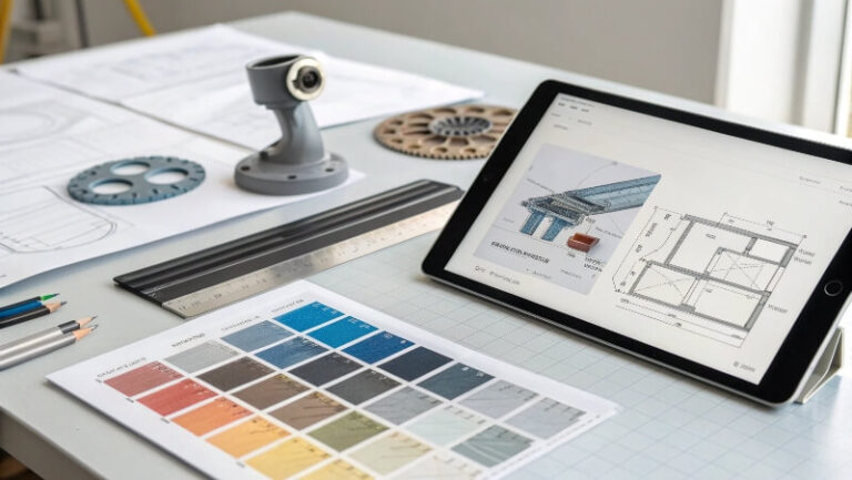 Product design and manufacturing process showing a 3D model on a tablet with material swatches and blueprints.