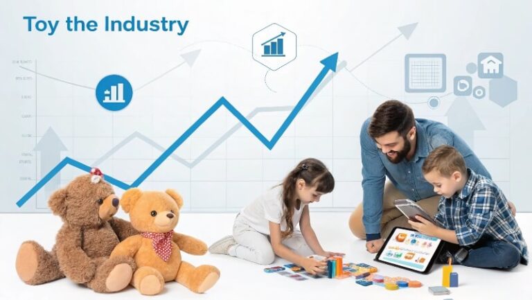 Toy industry evolution infographic showing traditional toys merging with digital technology, market growth charts, and diverse consumer interactions
