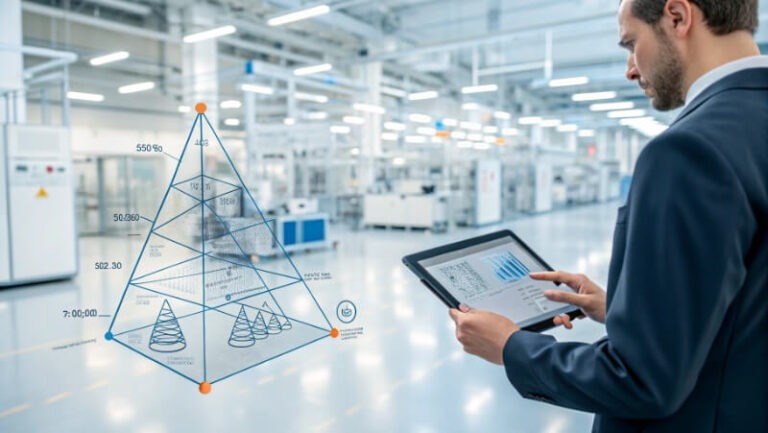 Modern 5-point factory audit framework with data analytics and digital tablet in a smart factory.