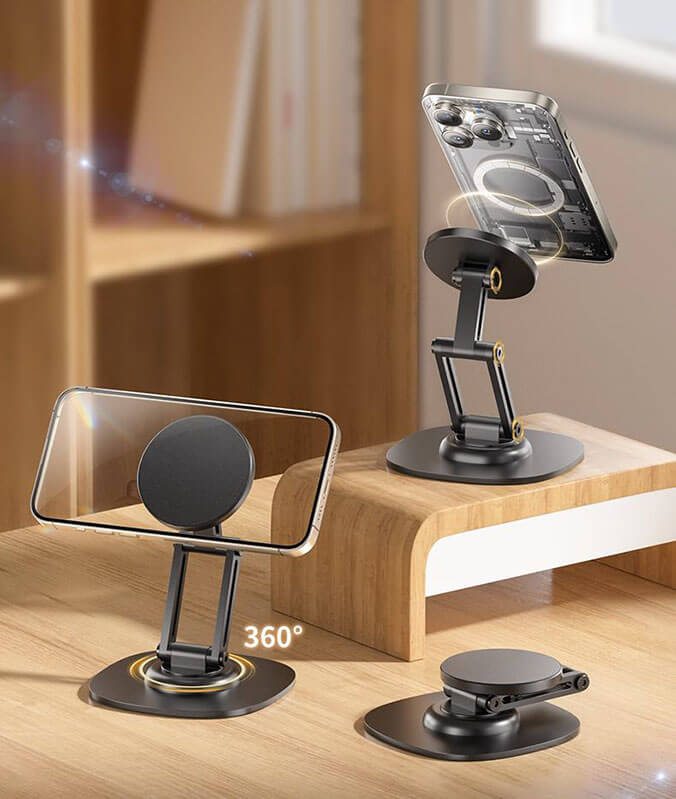 Q19 L extended desktop magnetic phone stand 3 axis N52 strong magnet 1080 degree fold rotation